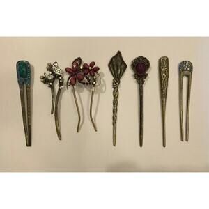 7 Vintage Hollywood‎ Regency Brass Hair comb, pin. Etched, rhinestone, french